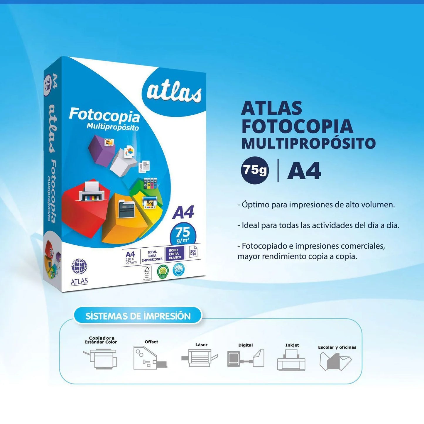 PAPEL BOND A4 ATLAS 75GR